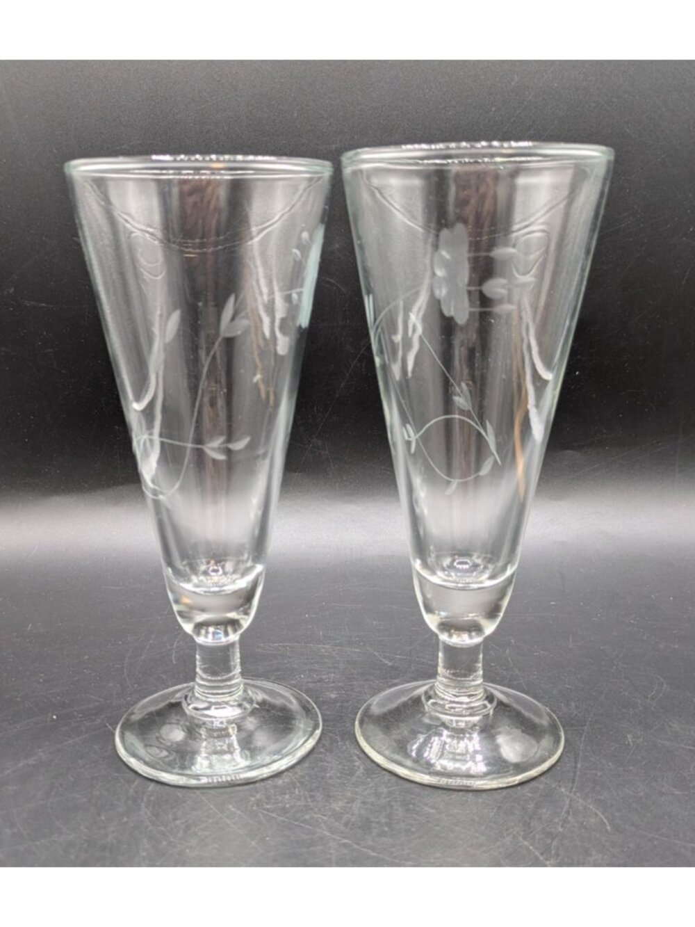 Vtg Princess House Heritage Pilsner Glasses Set of 2 Clear Etched Floral 8oz